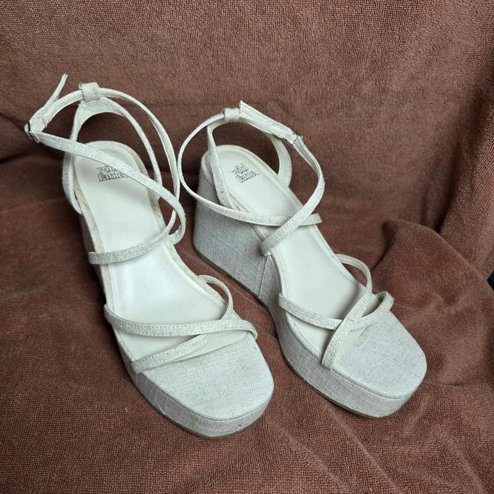 Wild Fable Cream Linen Strappy Platform Wedge Sandals Womens Size 8.5 Square Toe
